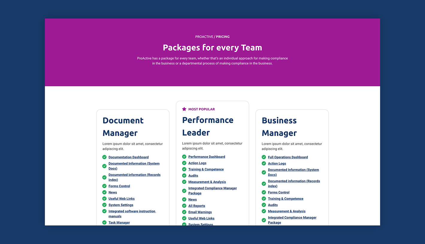 Proactive Microsite Pricing Page